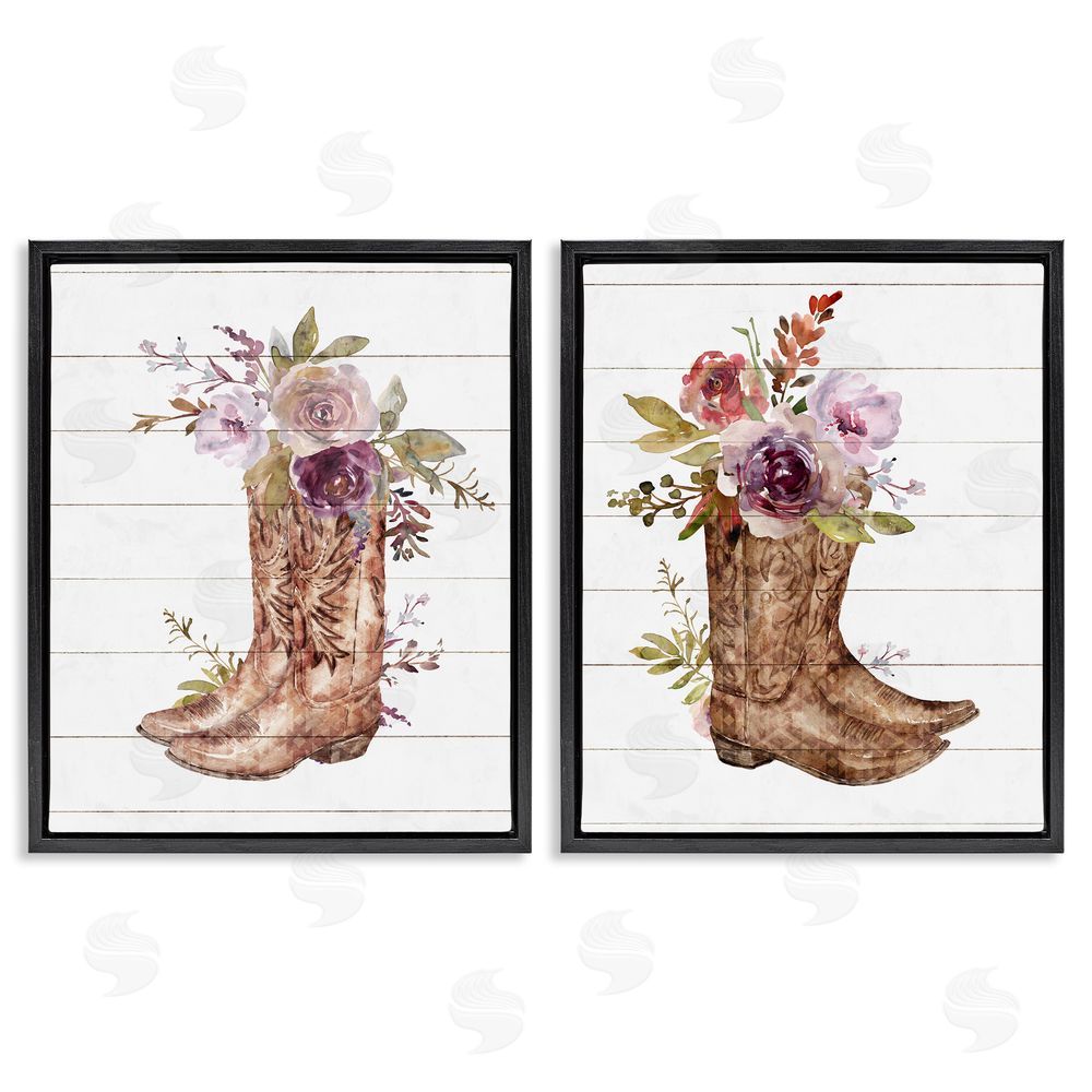Nina Blue Country Floral Boho Boots Black Floating Frame Canvas Wall Art Print