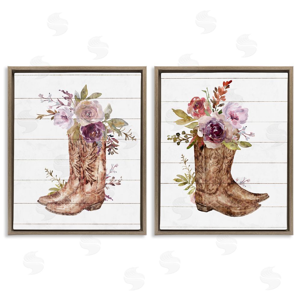 Nina Blue Country Floral Boho Boots Brown Floating Frame Canvas Wall Art Print