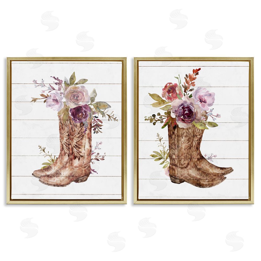 Nina Blue Country Floral Boho Boots Gold Floating Frame Canvas Wall Art Print