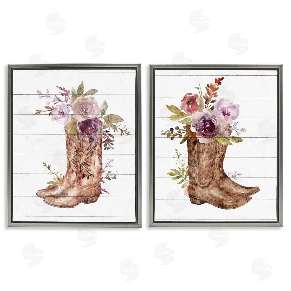 Nina Blue Country Floral Boho Boots Gray Floating Frame Canvas Wall Art Print