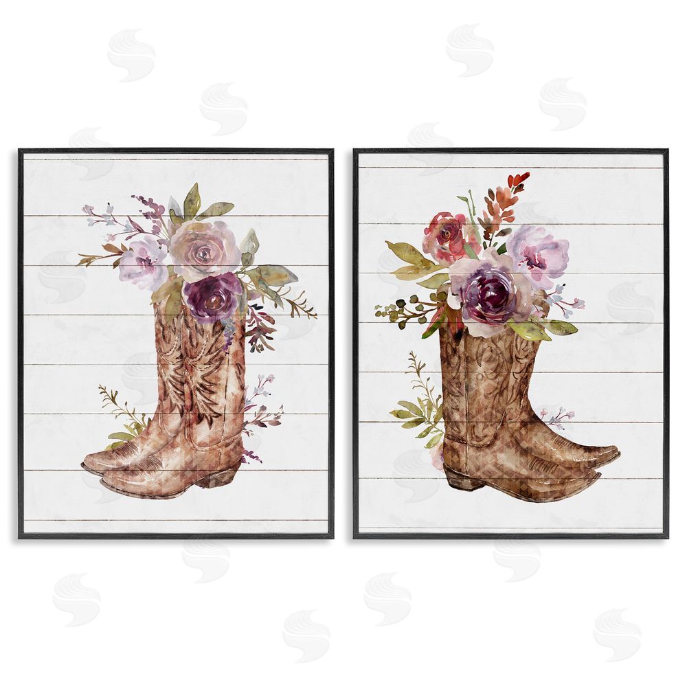 Nina Blue Country Floral Boho Boots Black Framed Giclee Wall Art Print