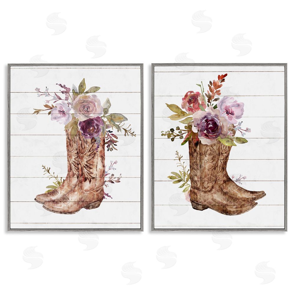Nina Blue Country Floral Boho Boots Gray Framed Giclee Wall Art Print