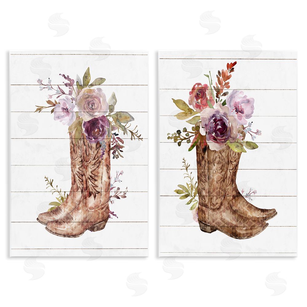 Nina Blue Country Floral Boho Boots Wooden Wall Plaque Art Print