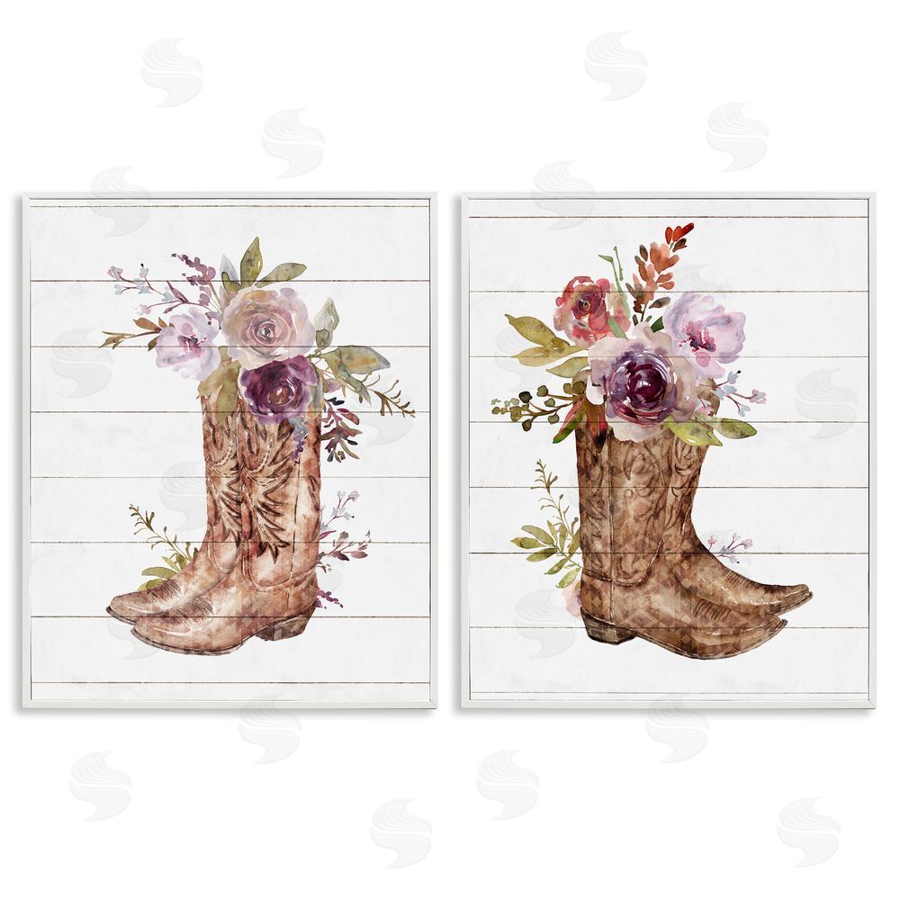 Nina Blue Country Floral Boho Boots White Framed Giclee Wall Art Print