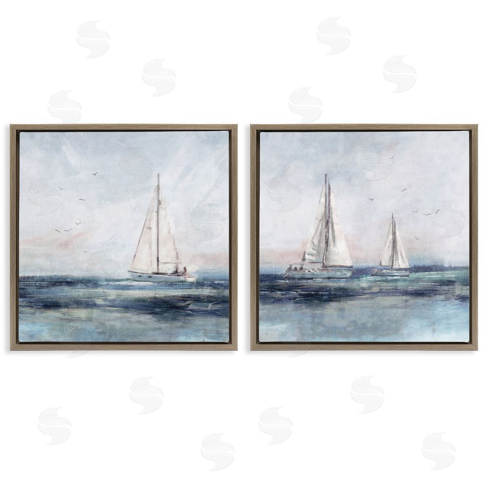 Nina Blue Blue Sailing Ocean Scene Brown Floating Frame Canvas Wall Art Print