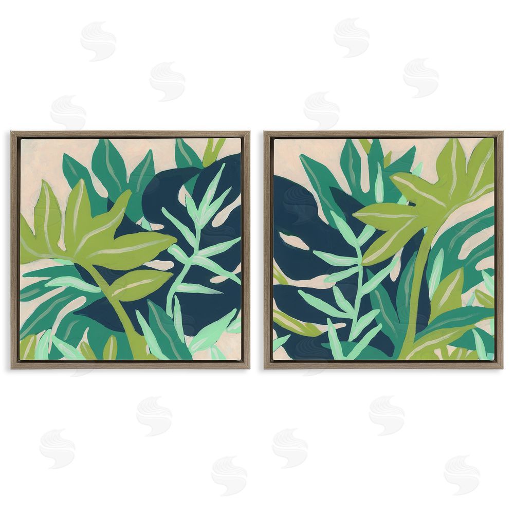 June Erica Vess Layered Tropical Botanical Leaves  Brown Floating Frame Canvas Wall Art Print