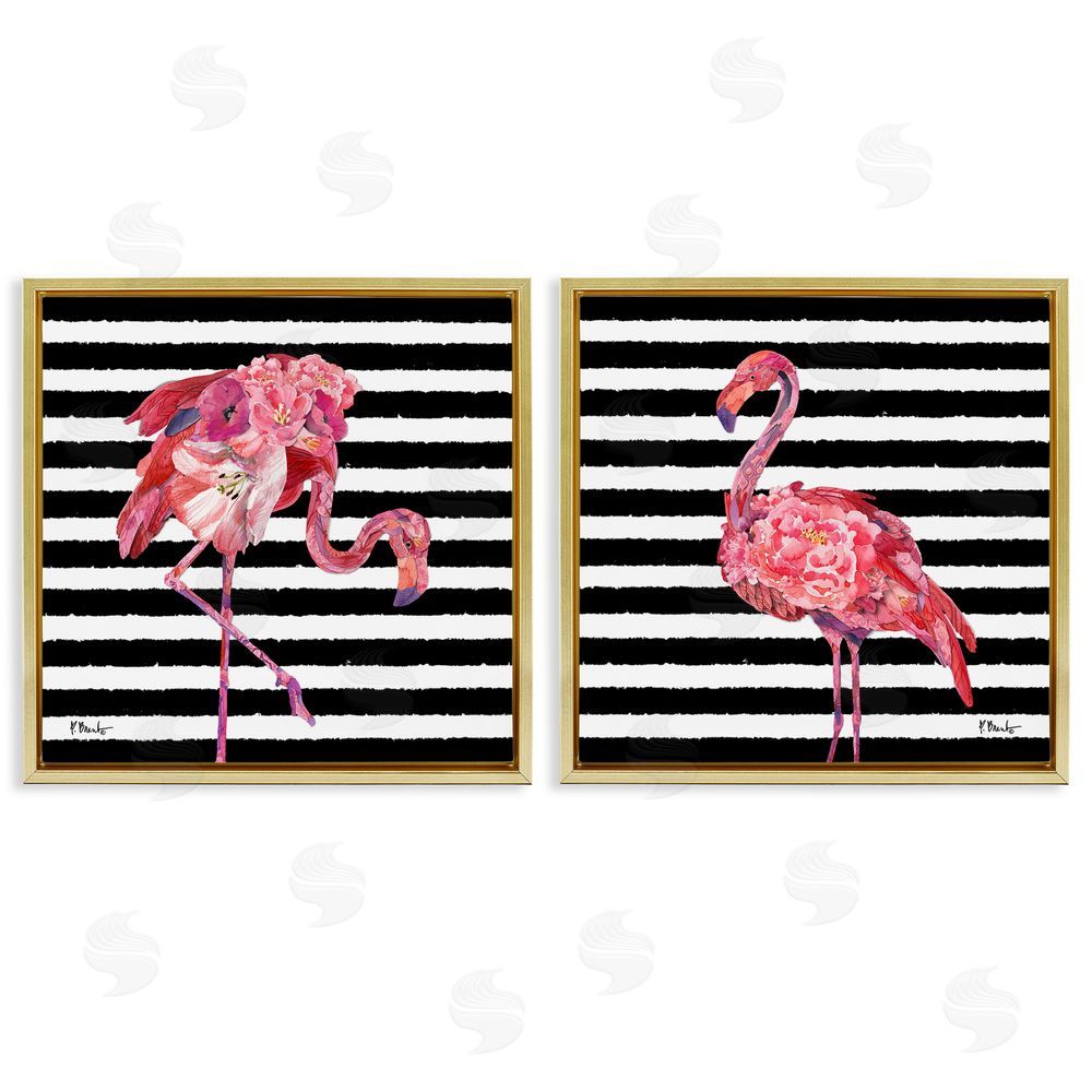Paul Brent Bold Striped Flamingo Blossoms Gold Floating Frame Canvas Wall Art Print