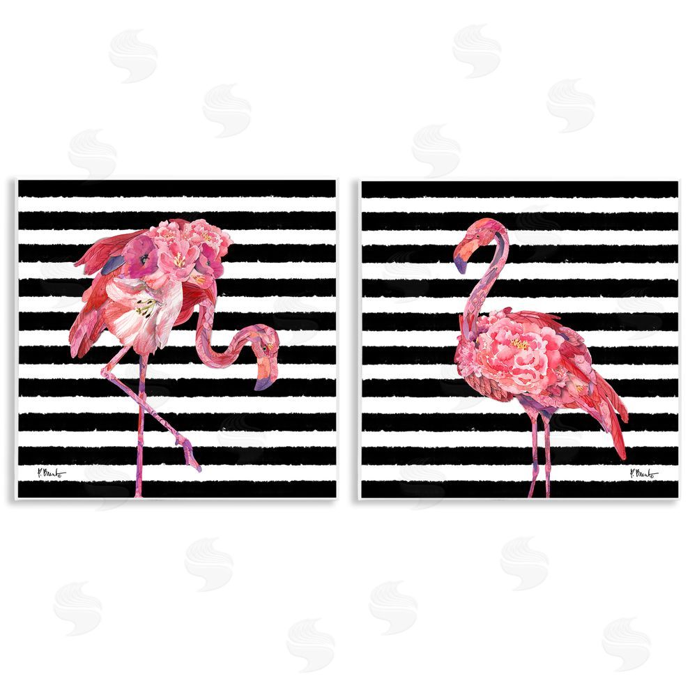 Paul Brent Bold Striped Flamingo Blossoms Wooden Wall Plaque Art Print