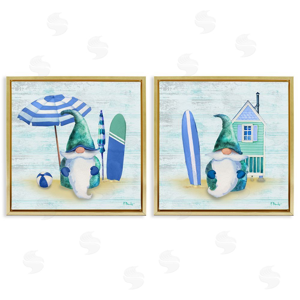 Paul Brent Nautical Gnomes Beach Surfboards Gold Floating Frame Canvas Wall Art Print