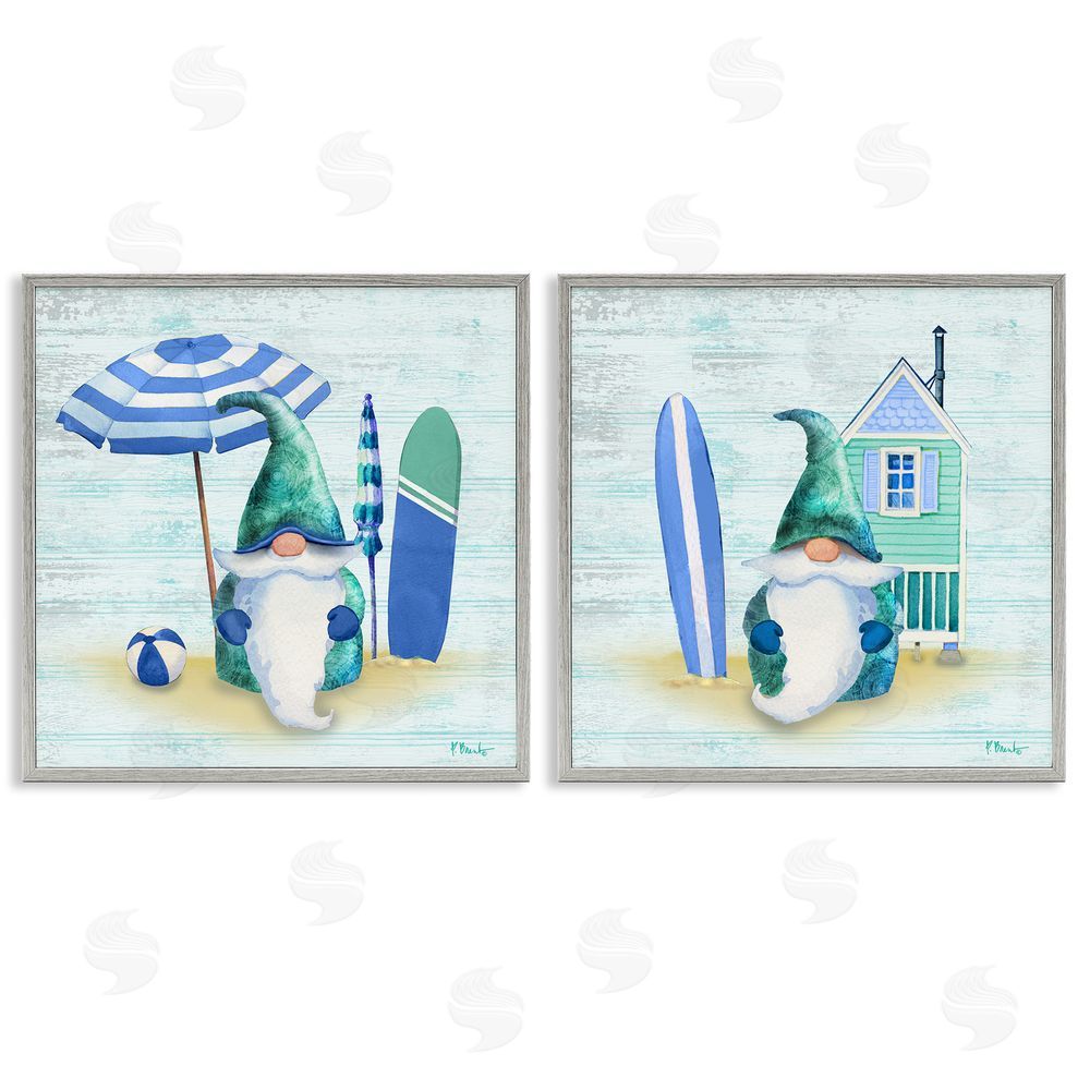 Paul Brent Nautical Gnomes Beach Surfboards Gray Framed Giclee Wall Art Print