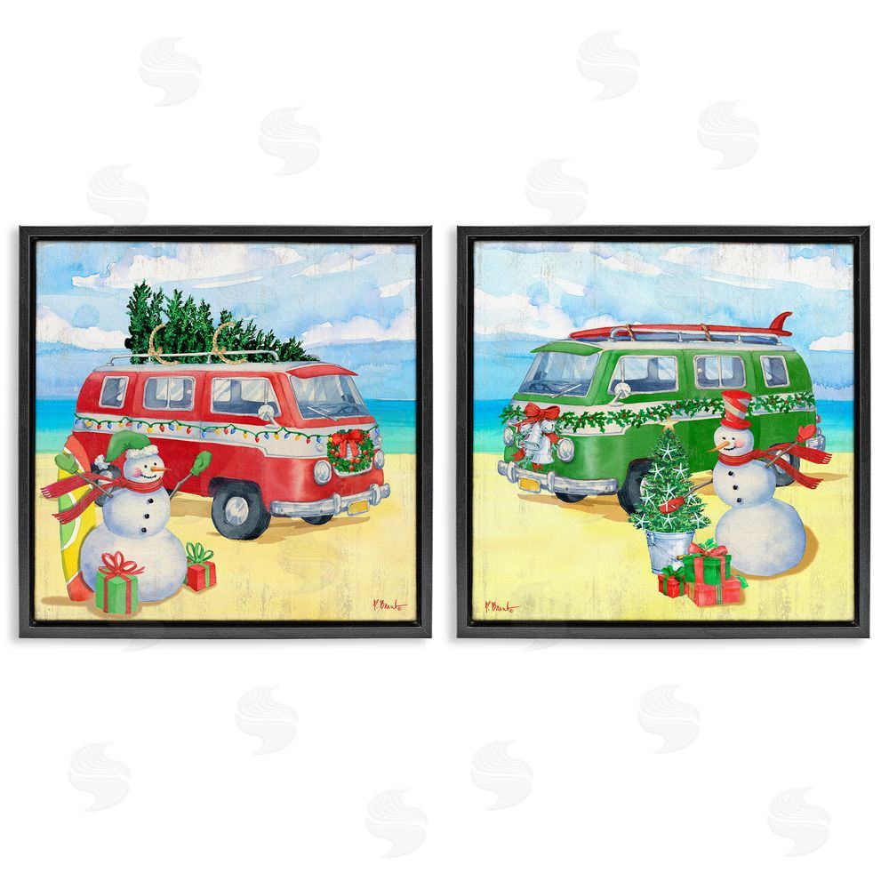 Paul Brent Coastal Christmas Holiday Beach Snowmen  Black Floating Frame Canvas Wall Art Print