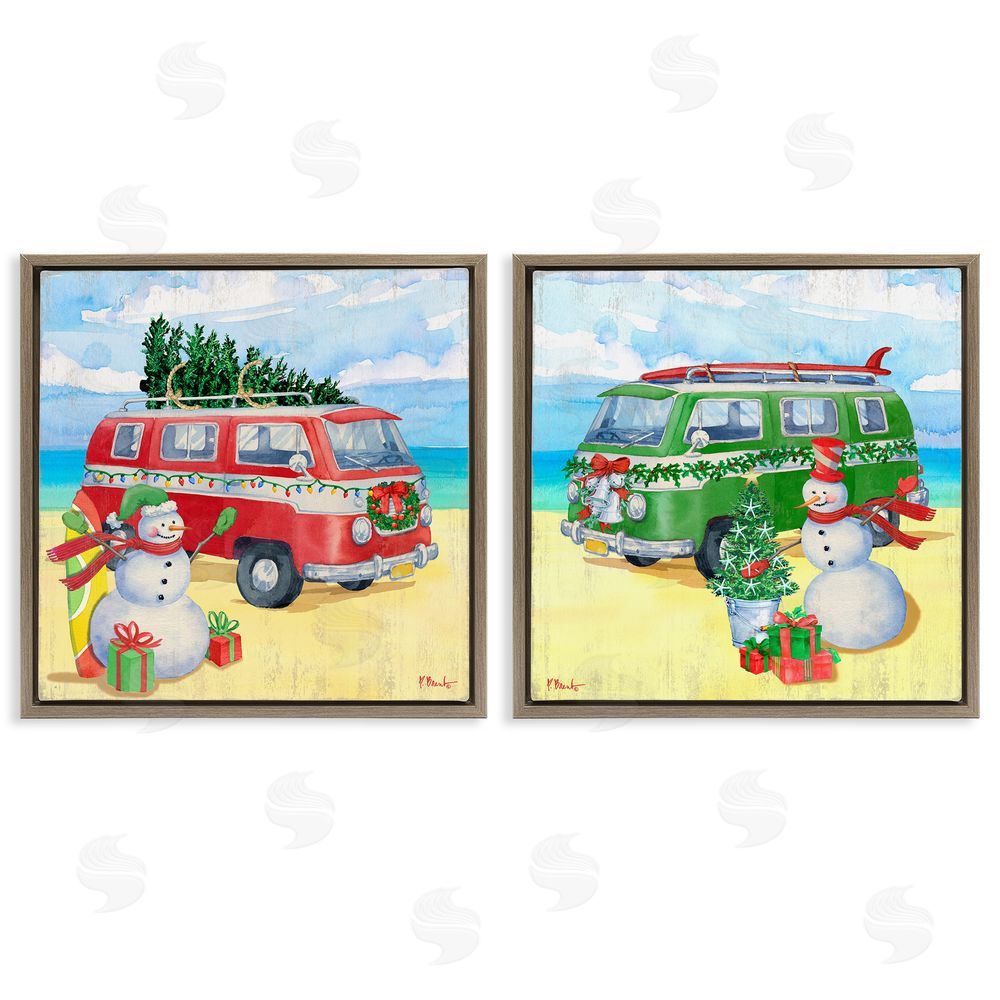 Paul Brent Coastal Christmas Holiday Beach Snowmen  Brown Floating Frame Canvas Wall Art Print