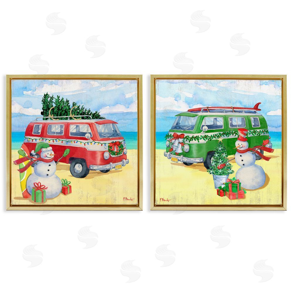 Paul Brent Coastal Christmas Holiday Beach Snowmen  Gold Floating Frame Canvas Wall Art Print
