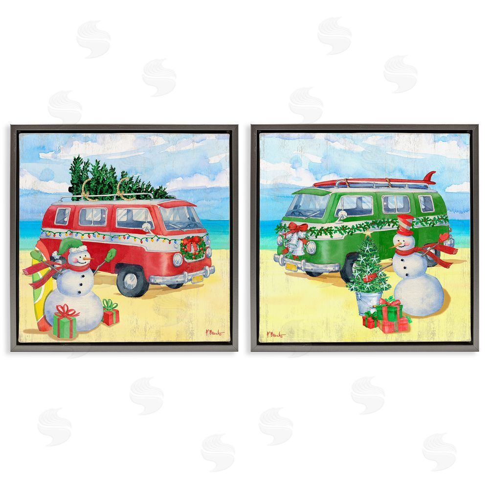 Paul Brent Coastal Christmas Holiday Beach Snowmen  Gray Floating Frame Canvas Wall Art Print