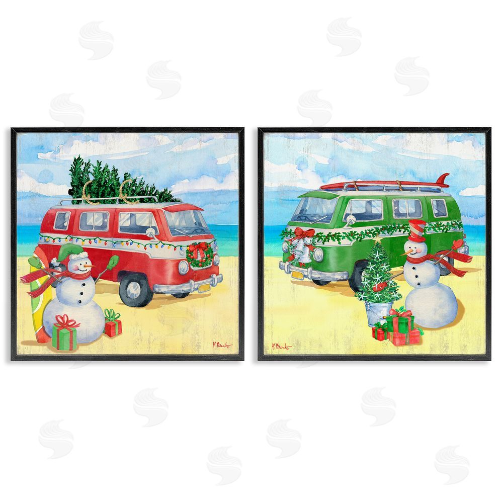 Paul Brent Coastal Christmas Holiday Beach Snowmen  Black Framed Giclee Wall Art Print