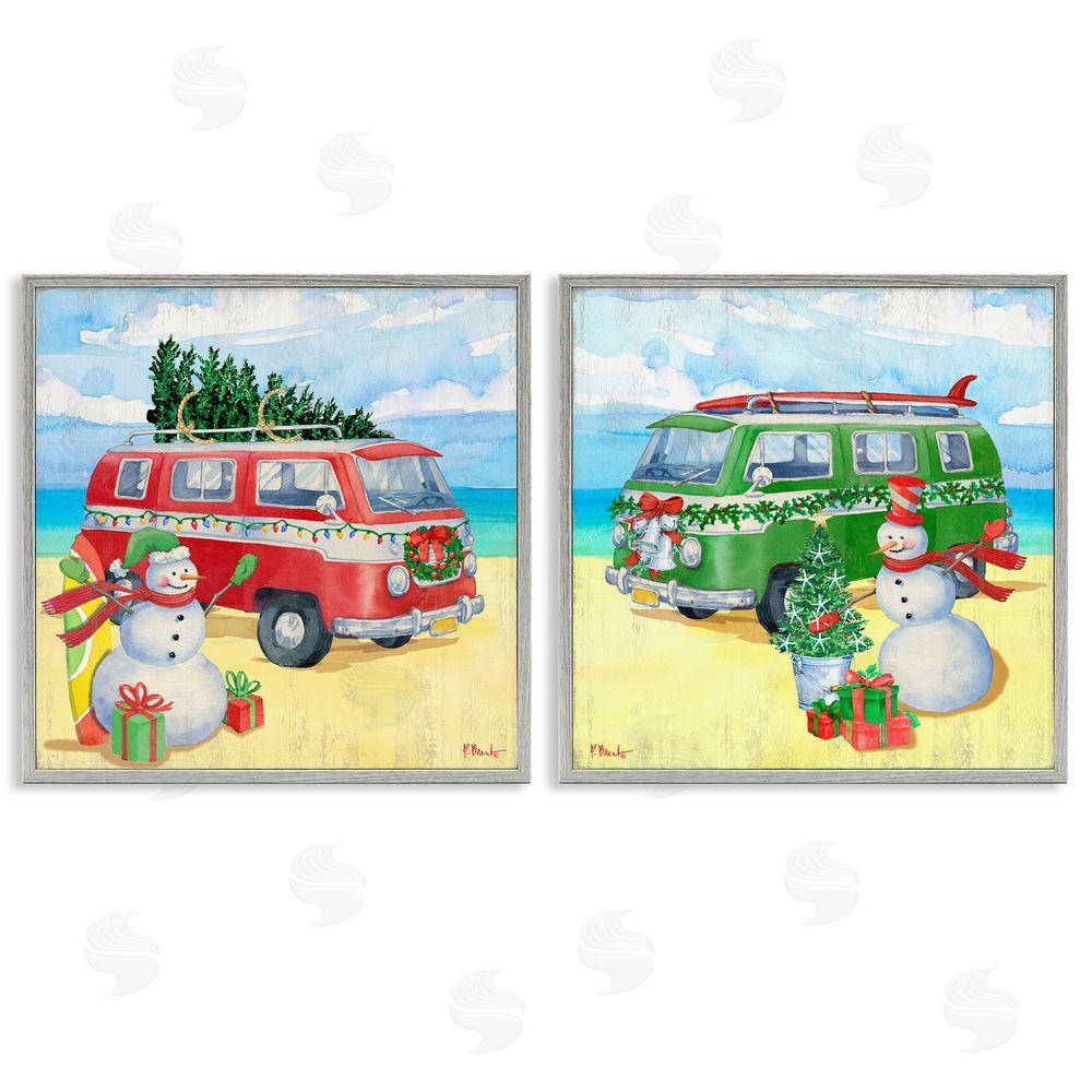 Paul Brent Coastal Christmas Holiday Beach Snowmen  Gray Framed Giclee Wall Art Print