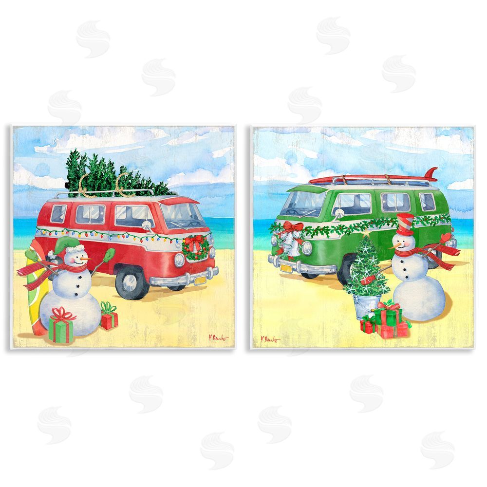 Paul Brent Coastal Christmas Holiday Beach Snowmen  Wooden Wall Plaque Art Print