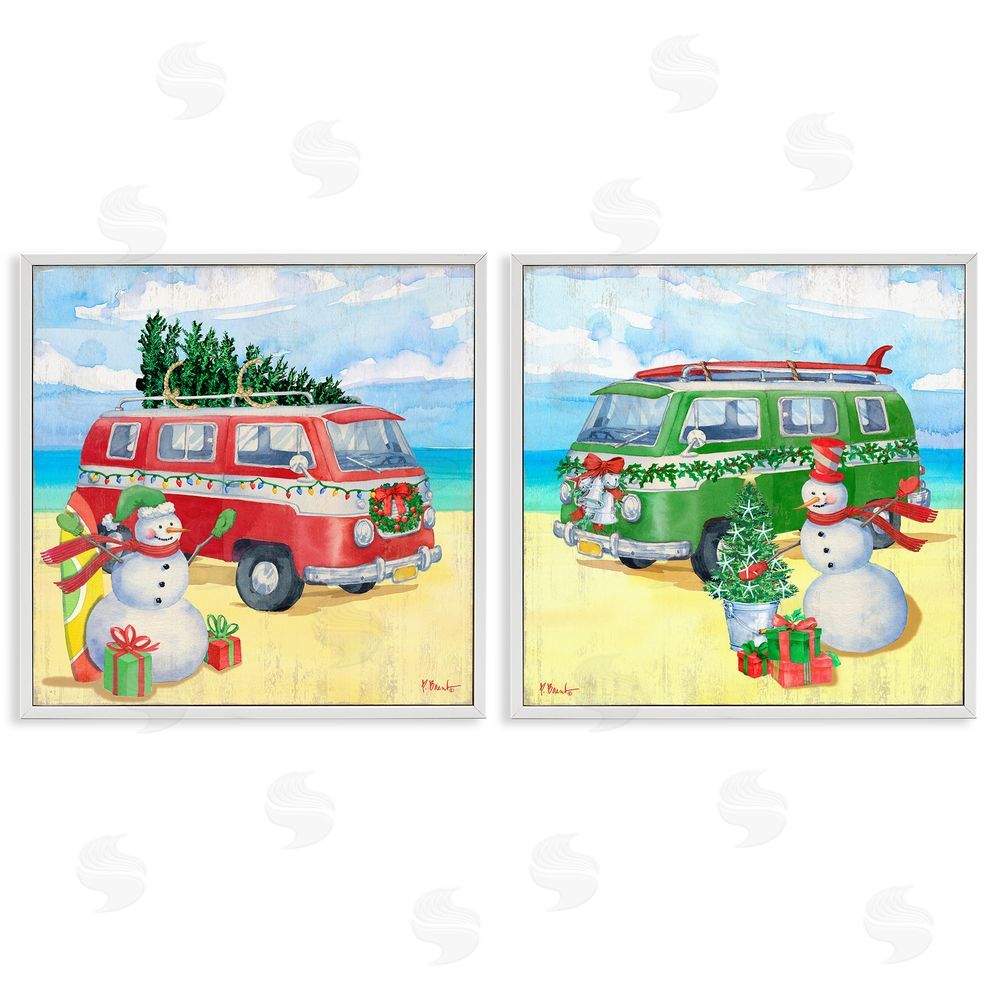 Paul Brent Coastal Christmas Holiday Beach Snowmen  White Framed Giclee Wall Art Print