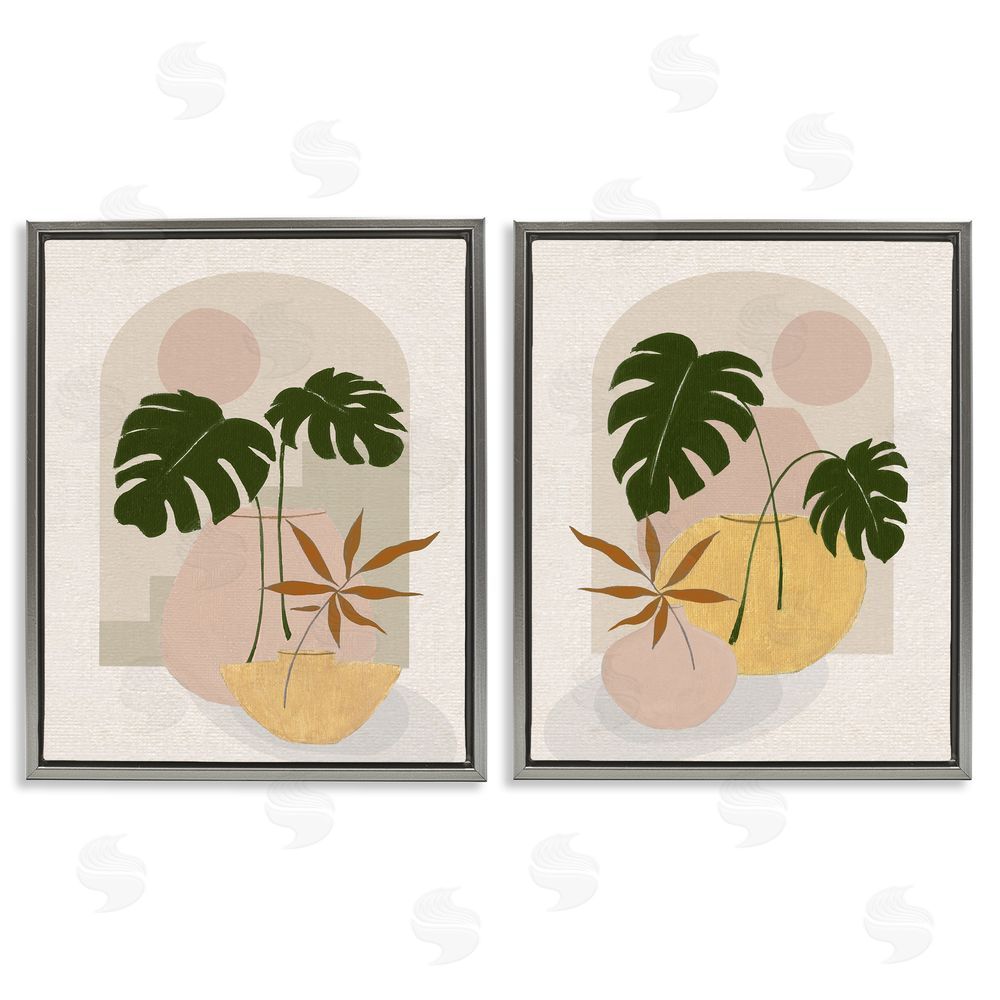 Janet Tava Boho Monstera Archway Landscape Gray Floating Frame Canvas Wall Art Print