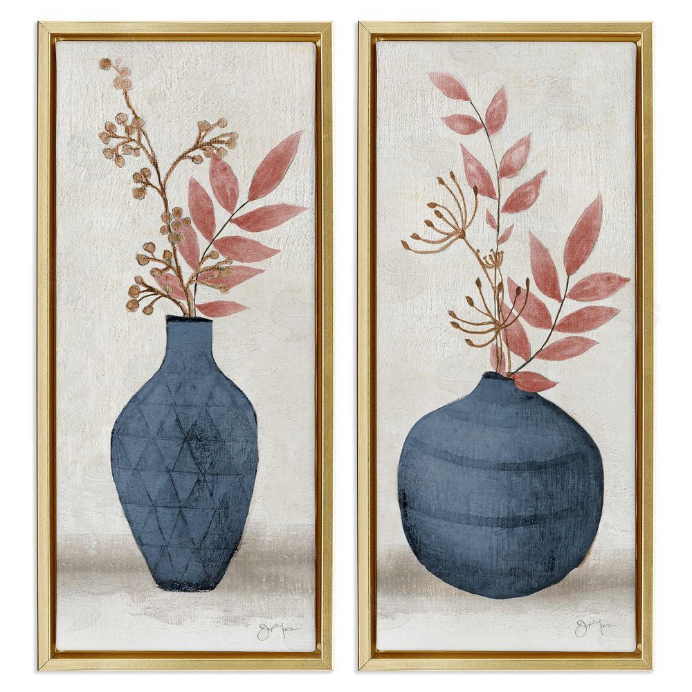 Janet Tava Ikebana Flower Vases Arrangement Gold Floating Frame Canvas Wall Art Print