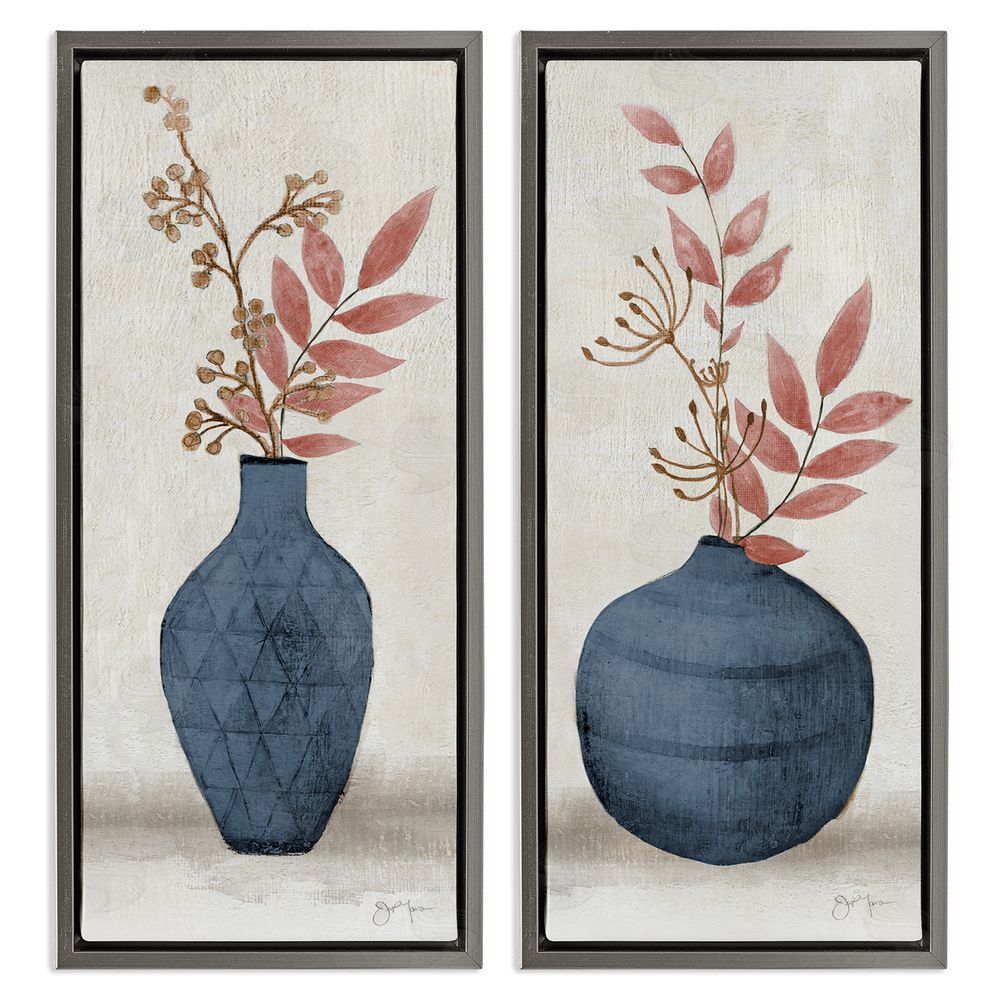 Janet Tava Ikebana Flower Vases Arrangement Gray Floating Frame Canvas Wall Art Print
