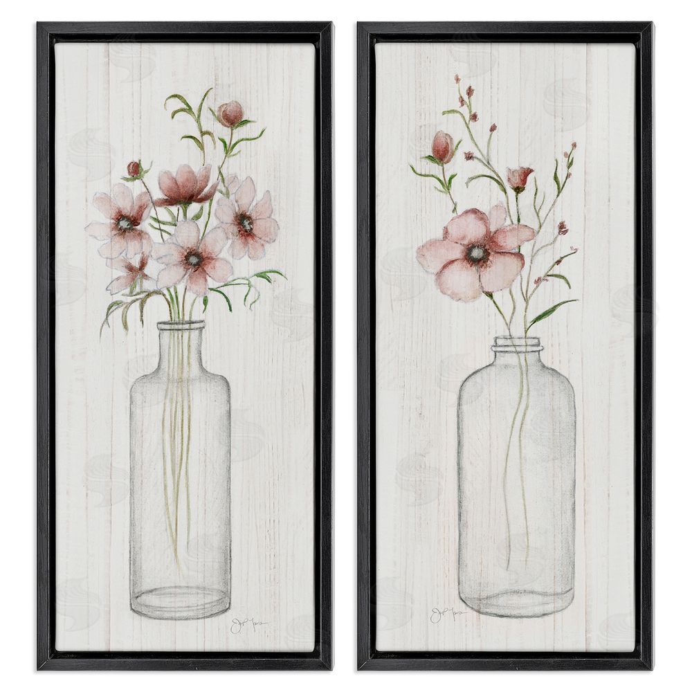 Janet Tava Pink Blooms Bouquet Arrangement Black Floating Frame Canvas Wall Art Print