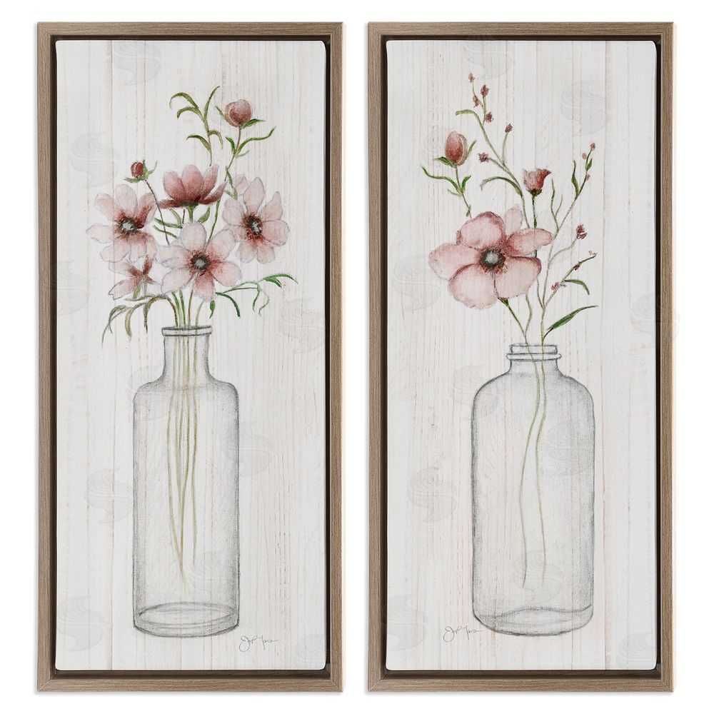 Janet Tava Pink Blooms Bouquet Arrangement Brown Floating Frame Canvas Wall Art Print