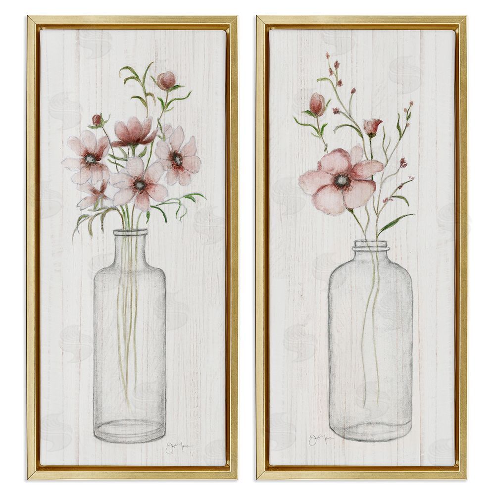 Janet Tava Pink Blooms Bouquet Arrangement Gold Floating Frame Canvas Wall Art Print