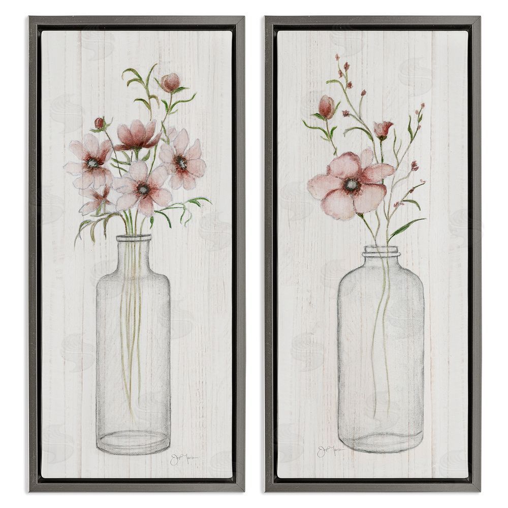 Janet Tava Pink Blooms Bouquet Arrangement Gray Floating Frame Canvas Wall Art Print