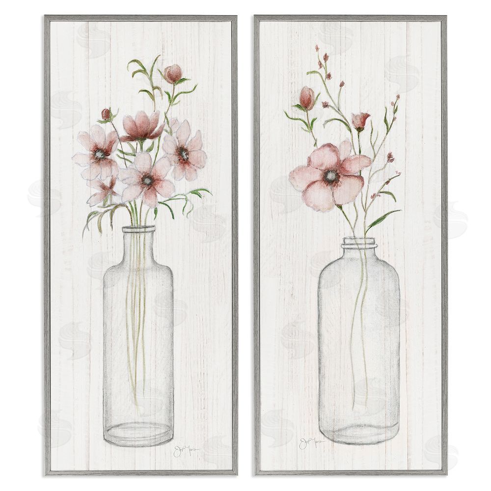 Janet Tava Pink Blooms Bouquet Arrangement Gray Framed Giclee Wall Art Print