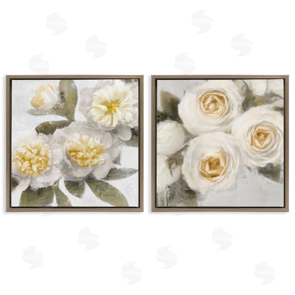 Emily Ford White Rose Flowers Traditional Brown Floating Frame Canvas Wall Art Print