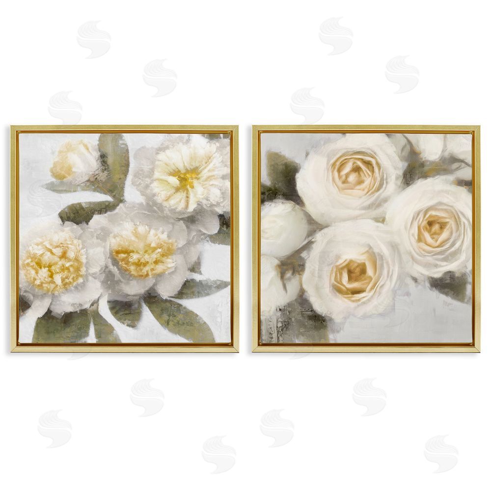 Emily Ford White Rose Flowers Traditional Gold Floating Frame Canvas Wall Art Print