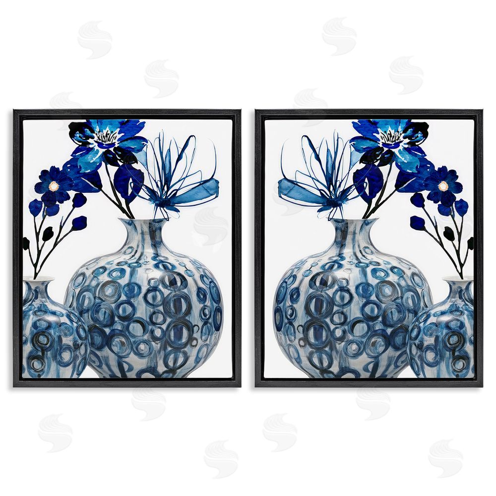 Jesse Keith Bold Blue Ikebana Patterned Vase Black Floating Frame Canvas Wall Art Print