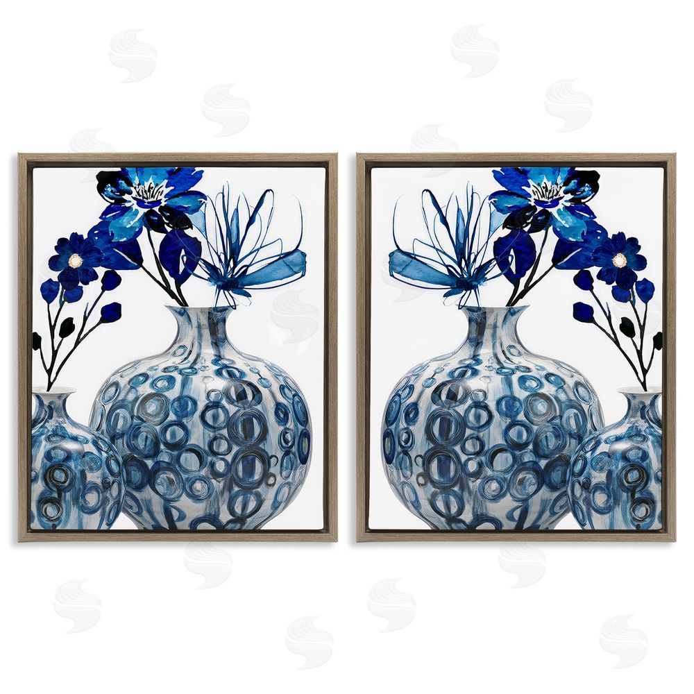 Jesse Keith Bold Blue Ikebana Patterned Vase Brown Floating Frame Canvas Wall Art Print