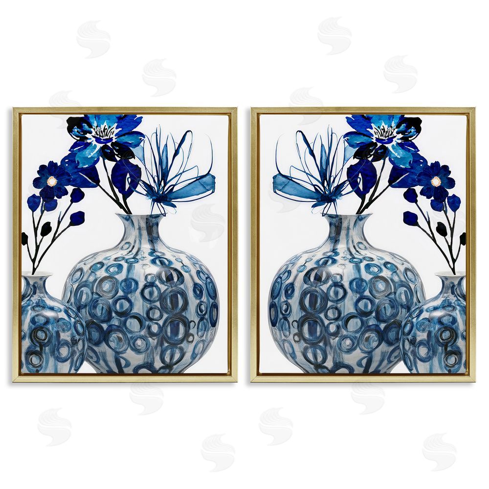 Jesse Keith Bold Blue Ikebana Patterned Vase Gold Floating Frame Canvas Wall Art Print