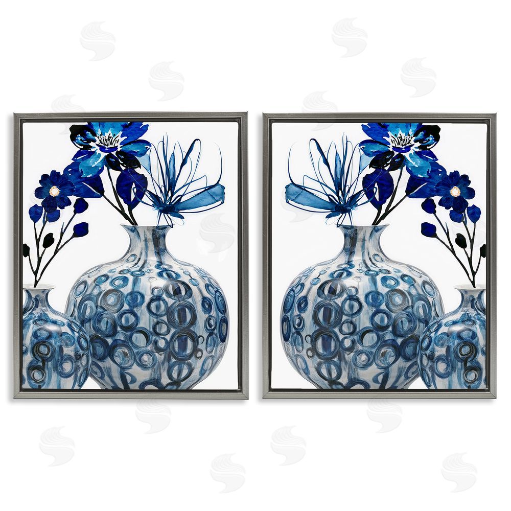 Jesse Keith Bold Blue Ikebana Patterned Vase Gray Floating Frame Canvas Wall Art Print