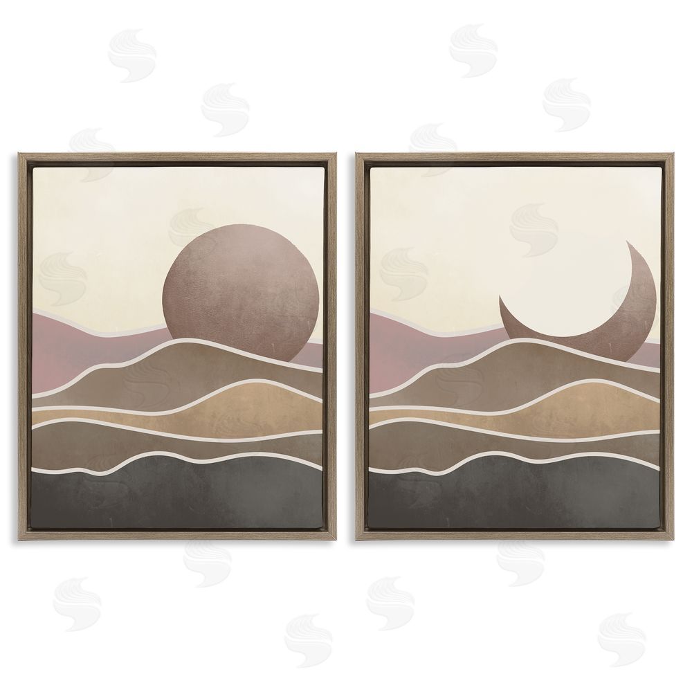 Stupell Studio Neutral Toned Landscape Sun Moon Brown Floating Frame Canvas Wall Art Print