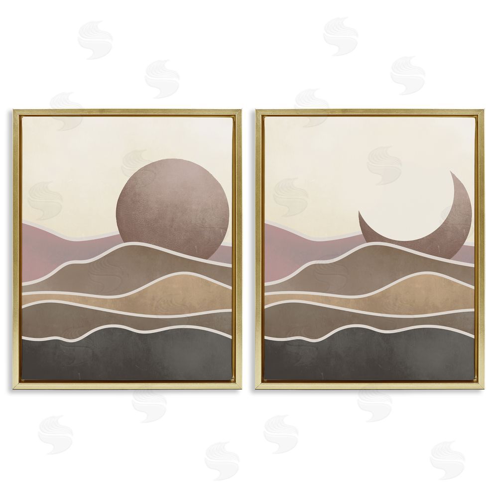 Stupell Studio Neutral Toned Landscape Sun Moon Gold Floating Frame Canvas Wall Art Print