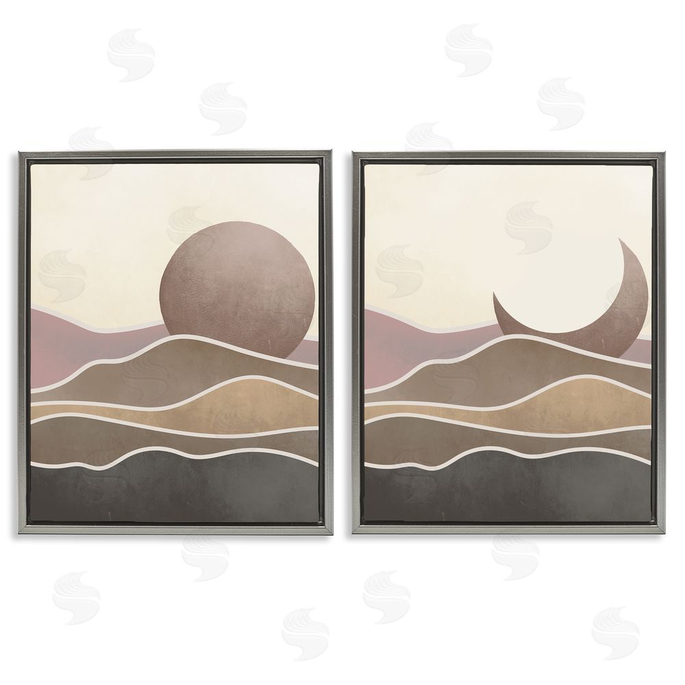 Stupell Studio Neutral Toned Landscape Sun Moon Gray Floating Frame Canvas Wall Art Print