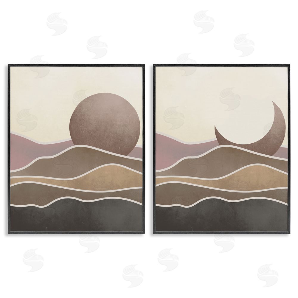 Stupell Studio Neutral Toned Landscape Sun Moon Black Framed Giclee Wall Art Print