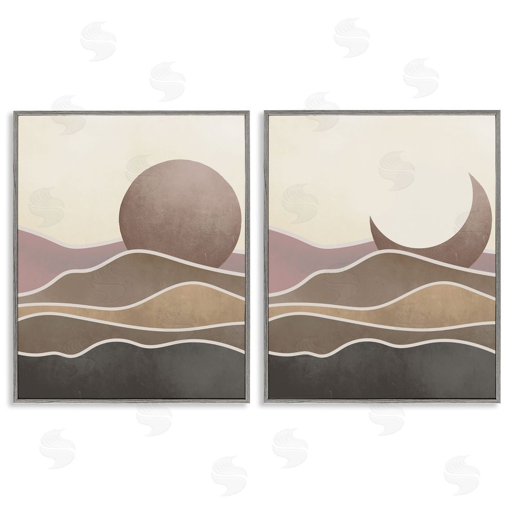 Stupell Studio Neutral Toned Landscape Sun Moon Gray Framed Giclee Wall Art Print