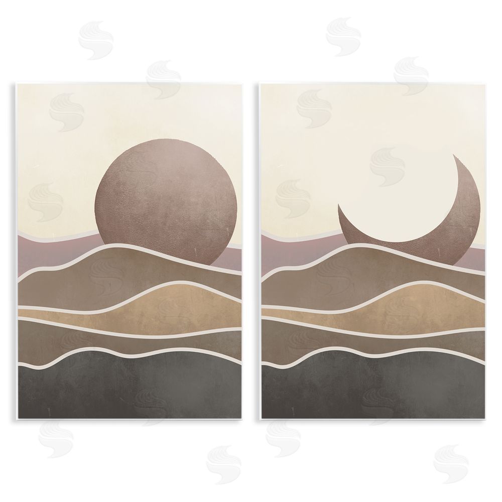 Stupell Studio Neutral Toned Landscape Sun Moon Wooden Wall Plaque Art Print
