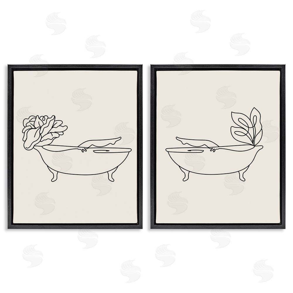 Stupell Studio Floral Bathtub Relaxing Doodle Black Floating Frame Canvas Wall Art Print