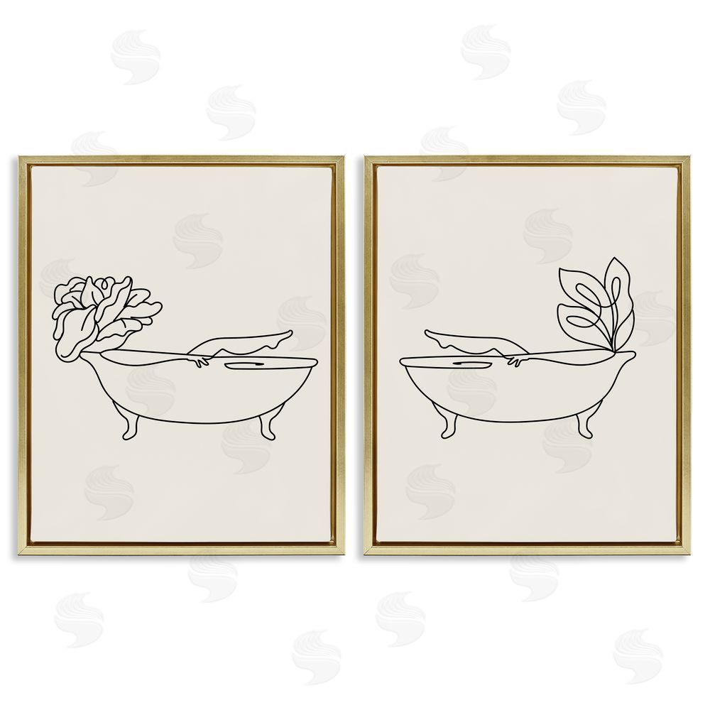 Stupell Studio Floral Bathtub Relaxing Doodle Gold Floating Frame Canvas Wall Art Print