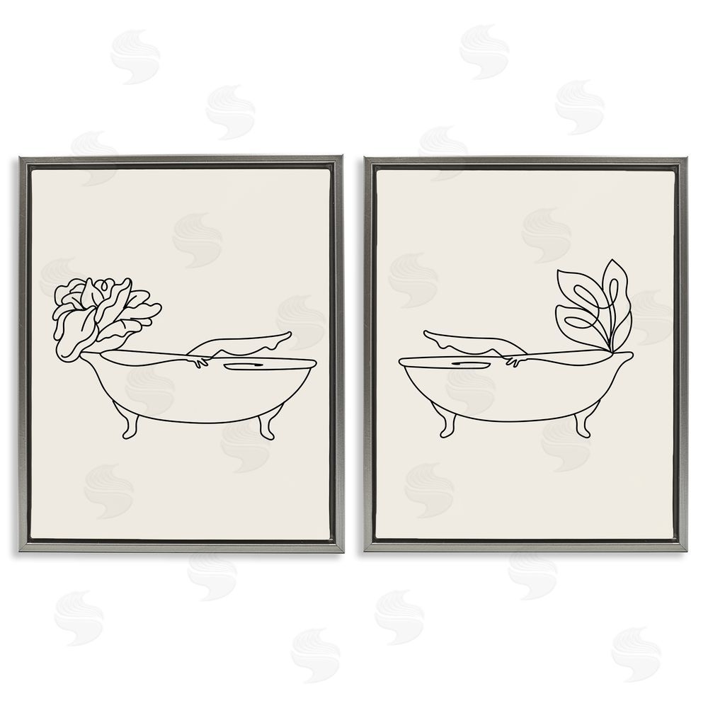 Stupell Studio Floral Bathtub Relaxing Doodle Gray Floating Frame Canvas Wall Art Print