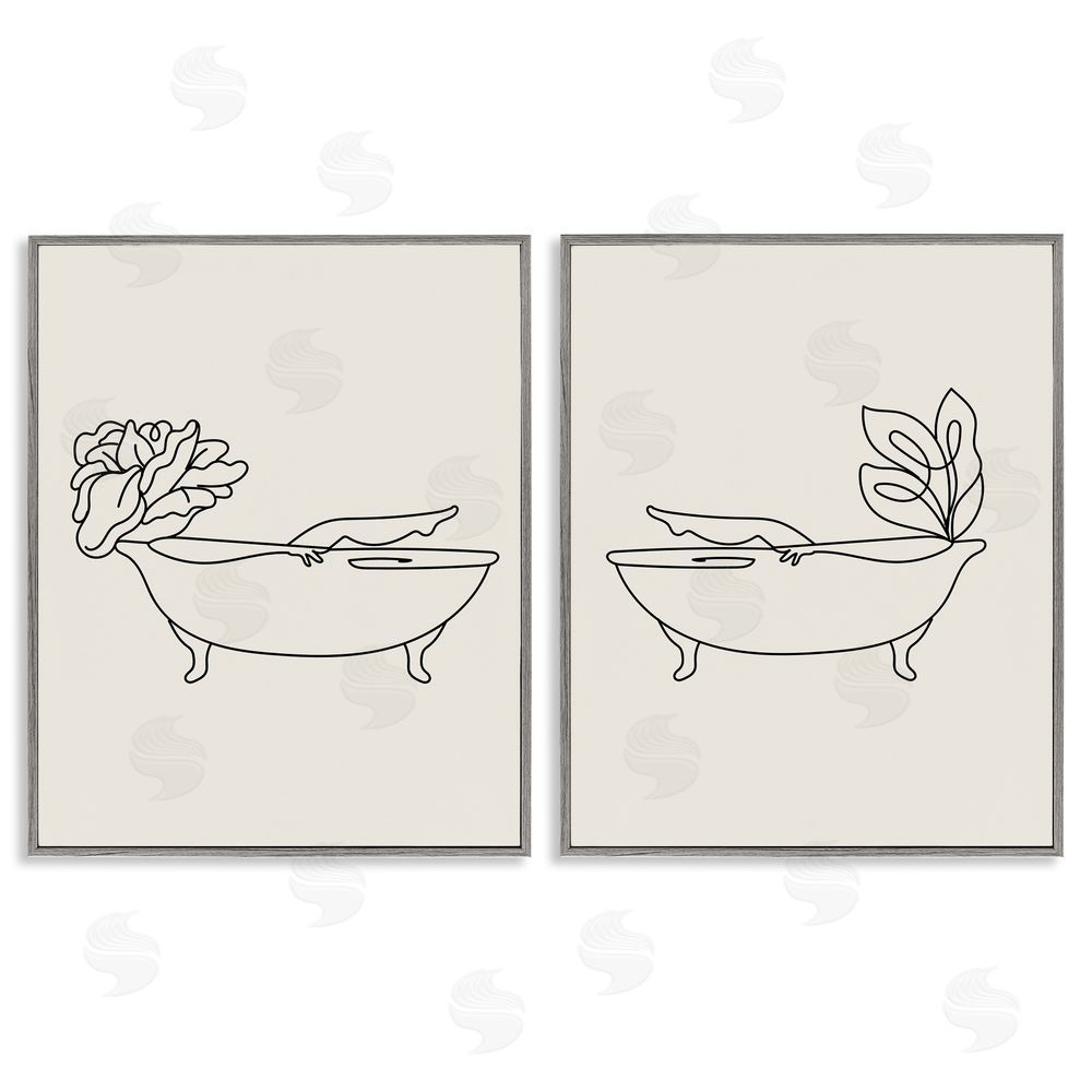 Stupell Studio Floral Bathtub Relaxing Doodle Gray Framed Giclee Wall Art Print