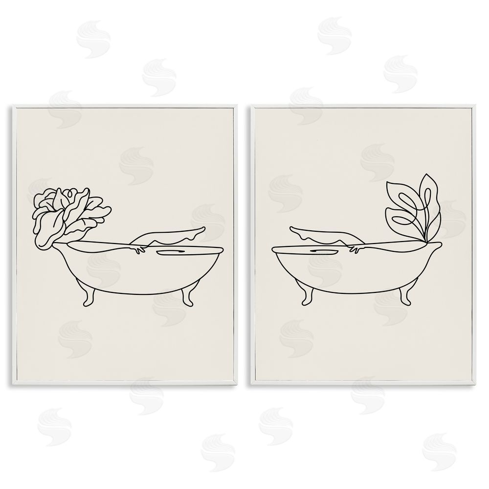 Stupell Studio Floral Bathtub Relaxing Doodle White Framed Giclee Wall Art Print