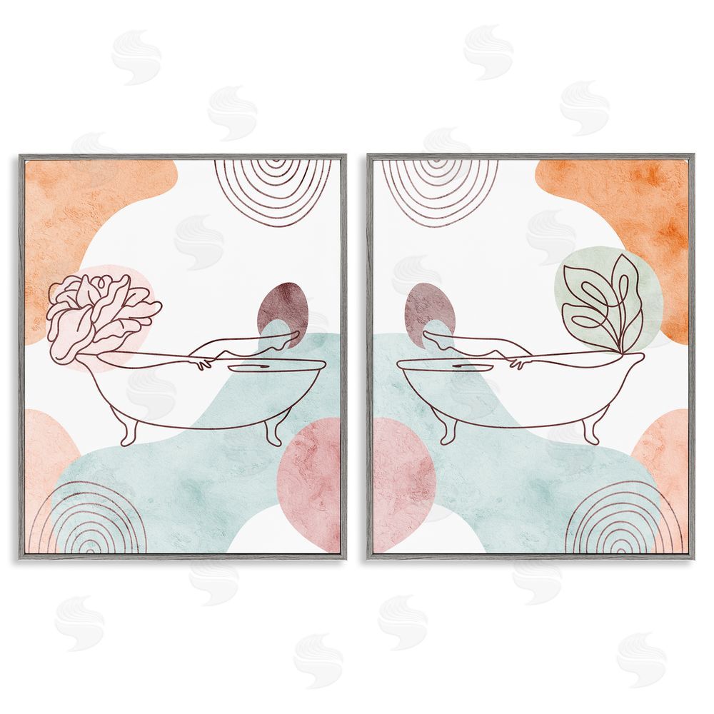 Stupell Studio Floral Bathtub Geometric Doodle Shapes Gray Framed Giclee Wall Art Print