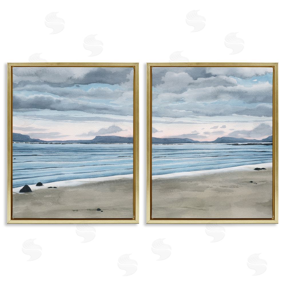 Grace Popp Cloudy Summer Beach Shore Watercolor Gold Floating Frame Canvas Wall Art Print