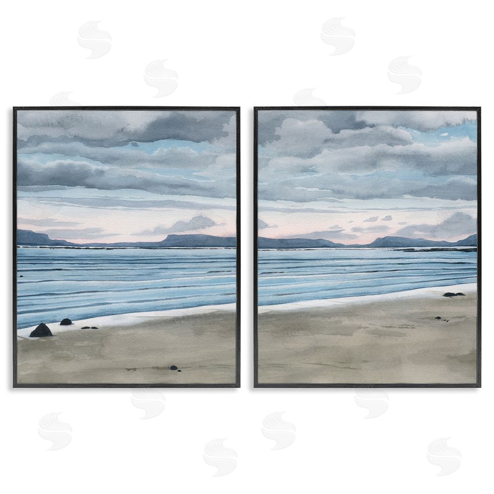 Grace Popp Cloudy Summer Beach Shore Watercolor Black Framed Giclee Wall Art Print